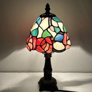 Stained Glass Floral Rose Accent Lamp Bronze Base Night Light Tiffany Style